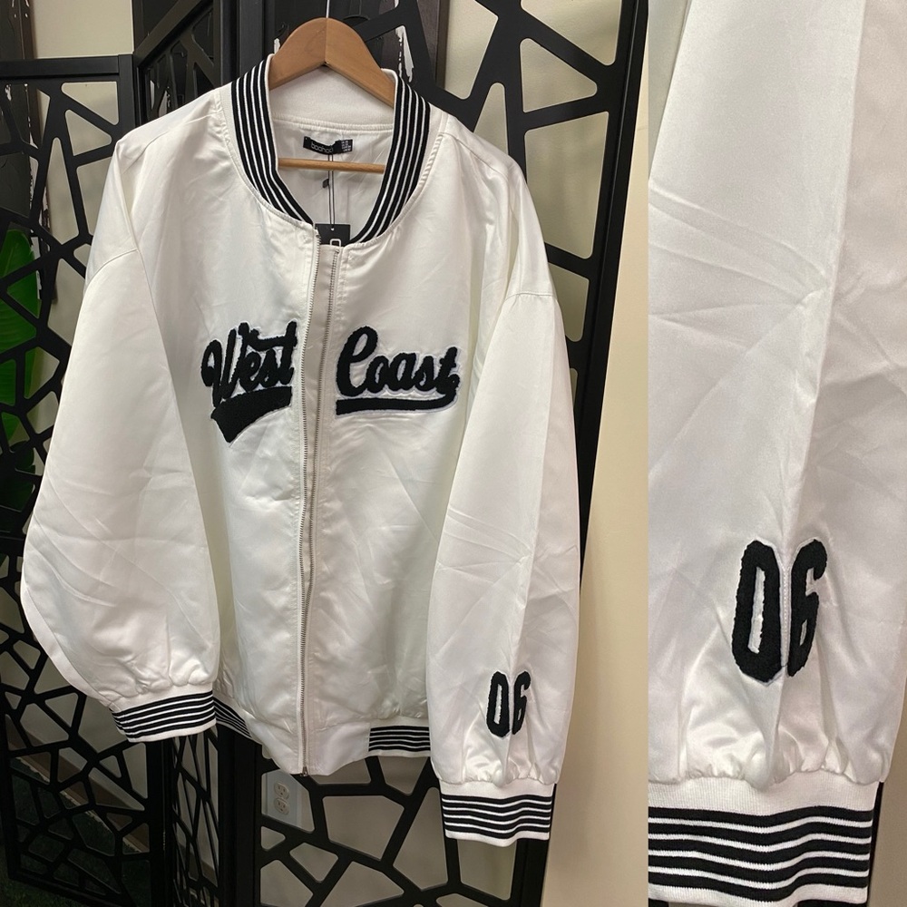 Boohoo Plus Ivory Bomber Jacket with Black Details